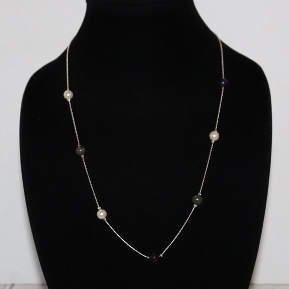 ✨ Beautiful Silver, Pearl, Black & Blue Beaded Chain Necklace · 24" ✨ - Picture 1 of 4